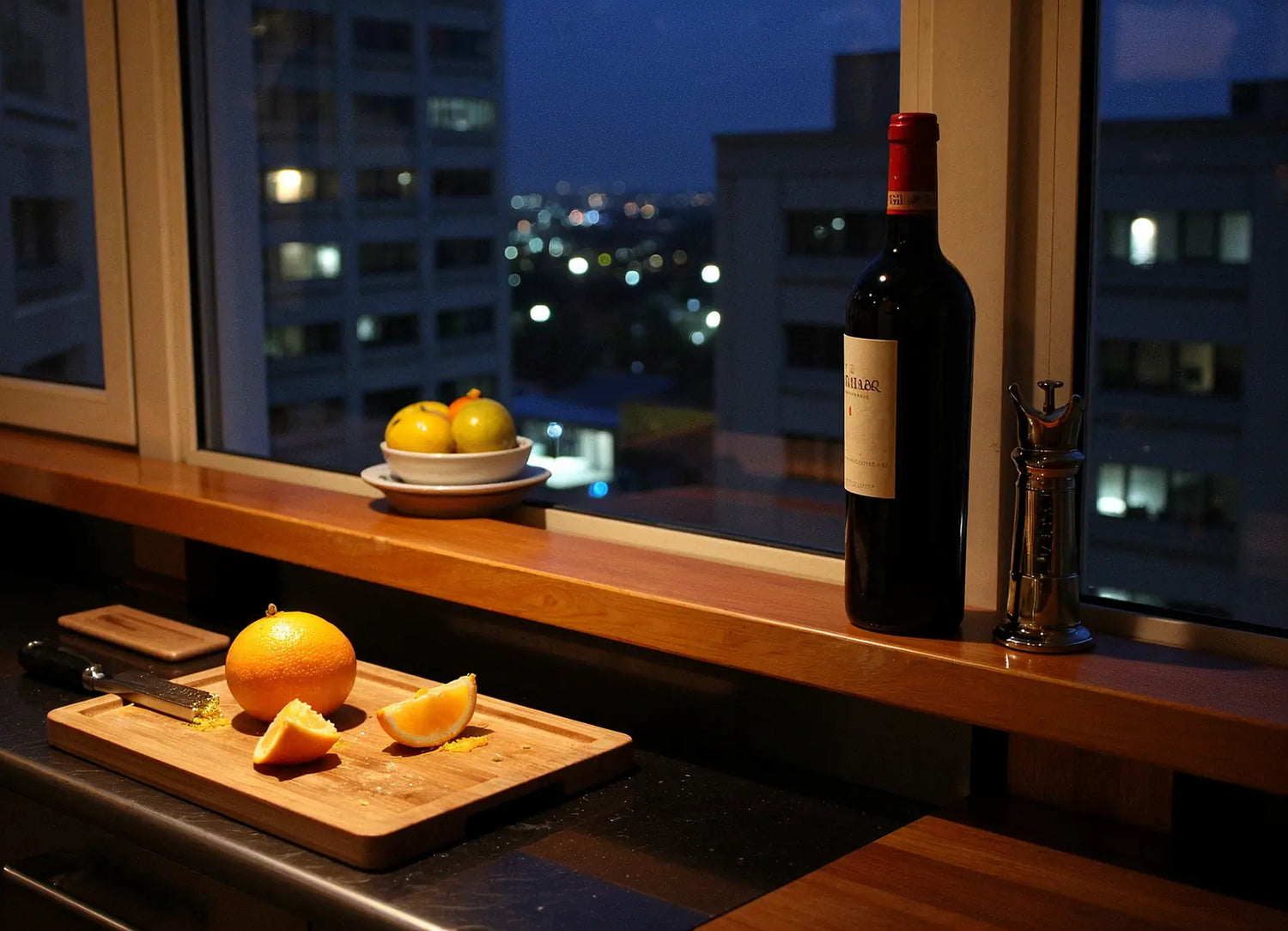 An orange is on a cutting tray on a bar worktop with a zester. A bottle of wine and a bottle opener are on a shelf above it.