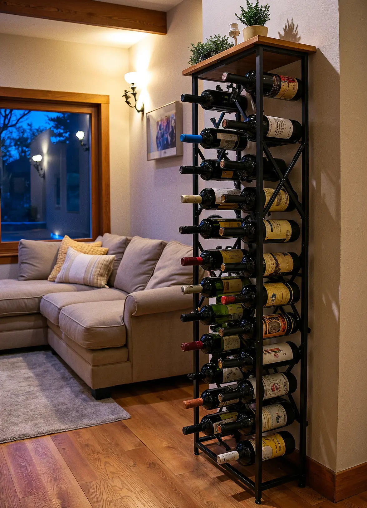 A tall wine rack complements a cozy living room